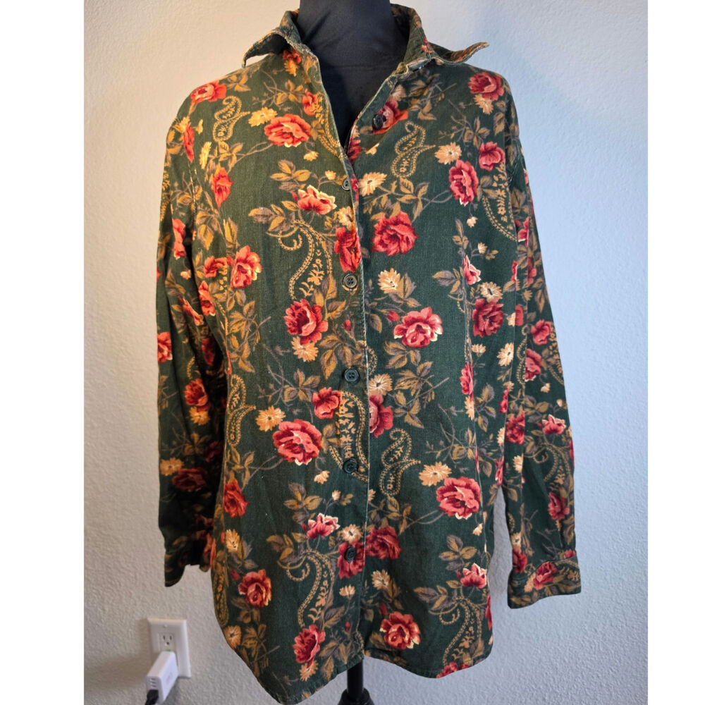 Vintage Cabin Creek Floral Corduroy Button-up Rich Green Fall Floral Retro 1990s